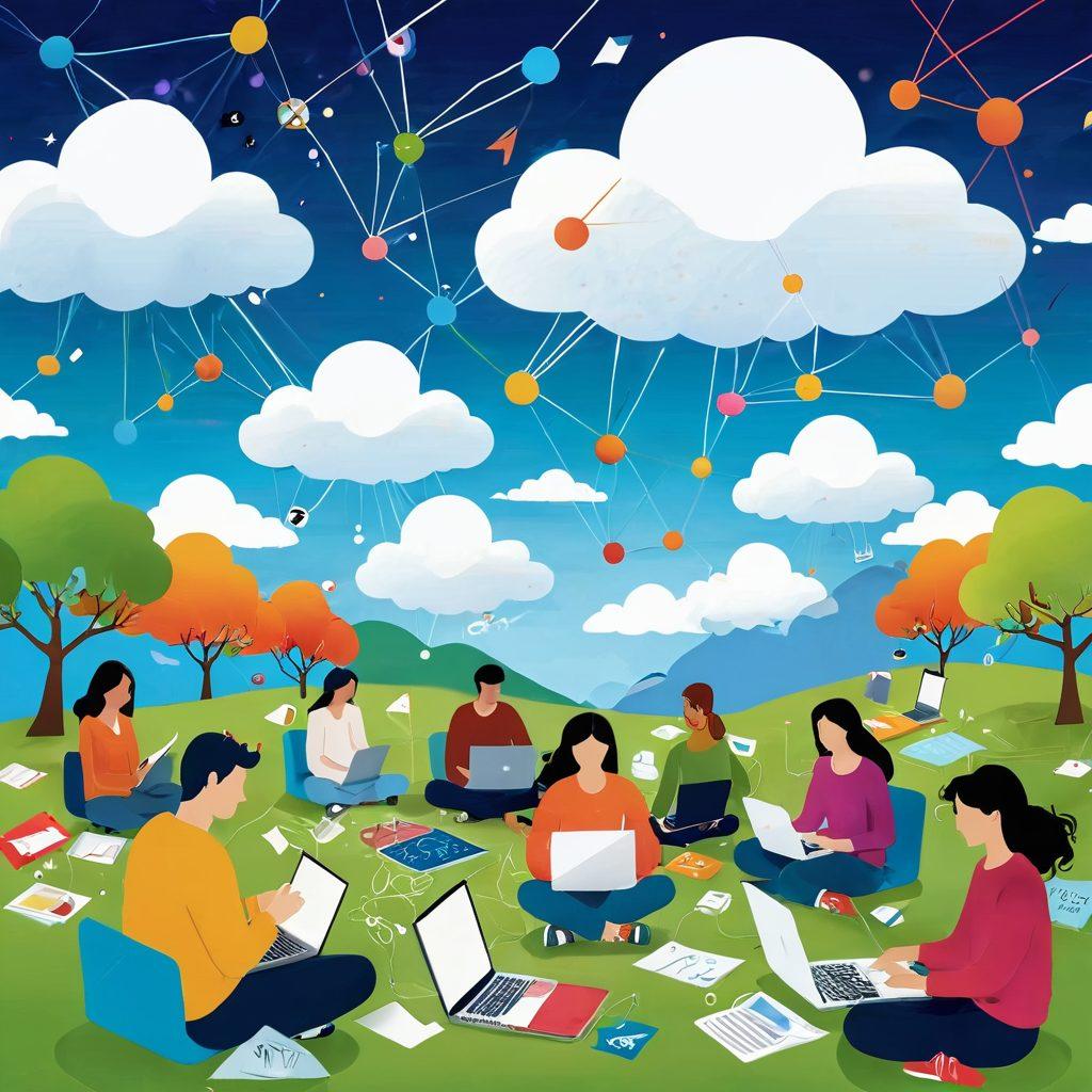 A digital landscape depicting a vibrant blogosphere with colorful interconnected nodes representing different blogs. In the foreground, a diverse group of people are happily writing and sharing their stories on laptops, surrounded by whimsical elements like floating symbols of likes, shares, and comments. The background features a vast sky filled with fluffy clouds shaped like various blog topics. Bright and inviting color palette. super-realistic. vibrant colors.
