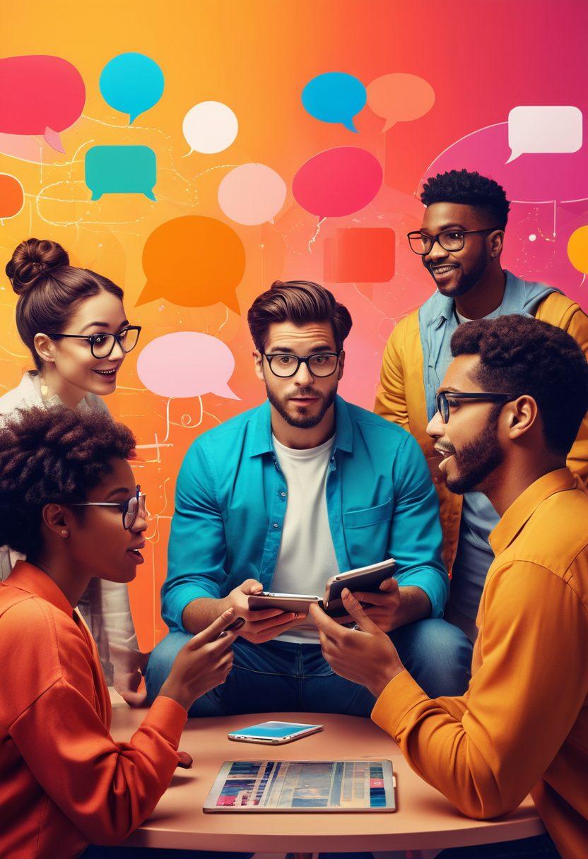 A dynamic scene depicting a diverse group of people passionately sharing stories through digital devices, surrounded by colorful speech bubbles and visual storytelling elements like books, cameras, and microphones. The background features a whimsical blend of tech-themed graphics like circuit patterns and digital waves, symbolizing connection and creativity. Vibrant colors pop against a subtle gradient backdrop to convey energy and inspiration. super-realistic. vibrant colors. digital art.